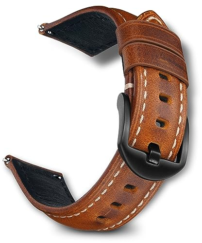 RoYiio Bracelet pour Largeur de 22mm, Bracelet de Rechange en Cuir Ciré à l'huile Compatible avec Amazfit/Xiaomi/Huawei/Samsung/Garmin Series - Brun Clair