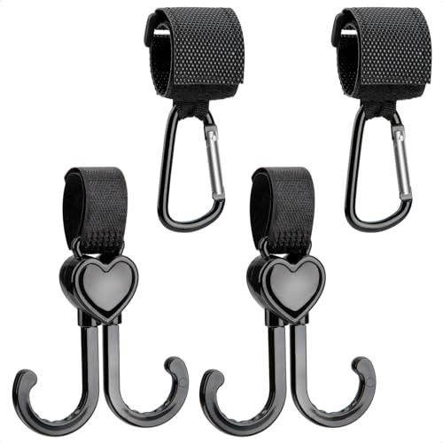 HONZUEN 4 Stück Kinderwagen Haken, Klett Haken Kinderwagen Doppelhaken, Clip Kinderwagen für Wickeltasche, Karabiner Kinderwagen, Kinderwagen Taschenhalter Buggy-Clips Universale Passform（Schwarz）