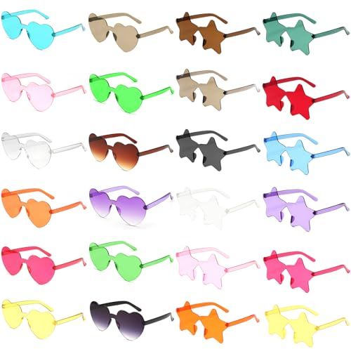 SAMISO 24 Paia Occhiali da Sole a Cuore,Occhiali da sole senza montatura cuore/stella,Occhiali da Sole Colorati per Festival Accessori,Carnevale, Feste di Compleanno,per Bambini e Adulti