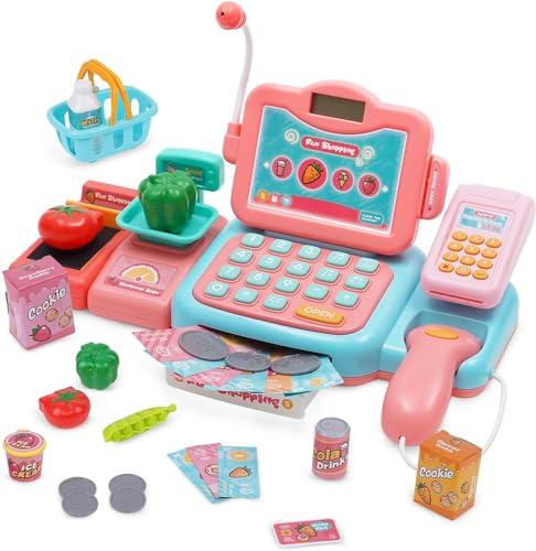 Cash Register Toy for Kids Electronic Pretend Play Supermarket Shop Toys Shopping Till Set with Scanner,Money, Sound, Play Food, Weigh, Credit Card Gift for 3 4 5 6 7+ Years Toddler Boys Girls Pink