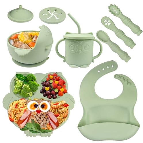 Bwaliffury Vajilla Bebe Silicona - 9 Piezas Con Platos y Cuencos, Infantil Antideslizante Con Ventosa, Set Platos Bebe Libre de BPA, para Bebés y Niños