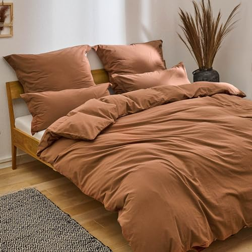 Blumtal Bettwäsche 135x200 Leinen Optik 2teilig mit Kissenbezug 40x80cm - Bettbezug leinenartige Baumwolle, ähnlich wie Leinen Bettwäsche 135 x 200 cm - Oeko-TEX zert. Stone Washed Bettbezug Kupfer