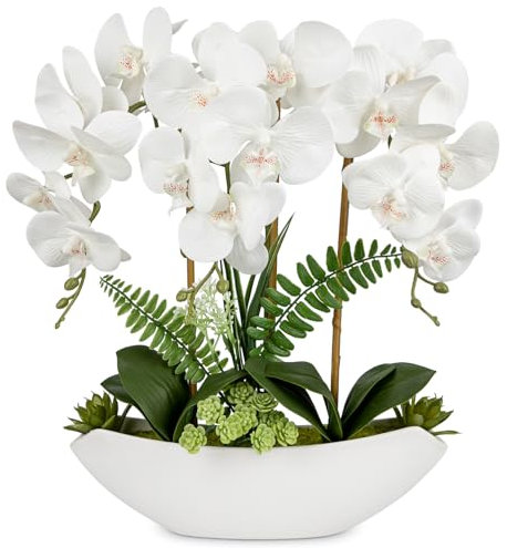 Oairse 18 Orchid Artificial Flowers White Fake Orchid Silk Flowers with Ceramic Pot Large Faux Phalaenopsis Arrangement for Home Office Room Living Room Coffee Table Centerpiece Decoration