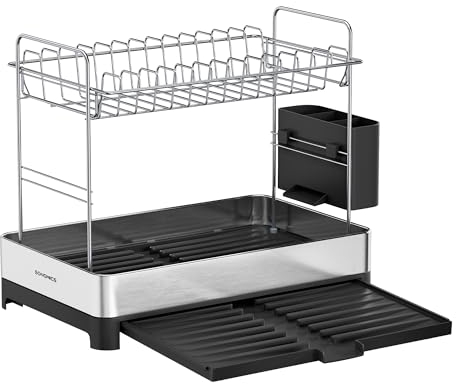 SONGMICS Abtropfgestell 2-stufig, ausziehbarer Abtropfständer, Geschirr-Abtropfgestell mit Utensilienhalter, rostfrei, für Geschirr, Messer, Löffel, Gabeln, silbern-schwarz KCS036B01