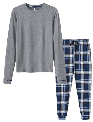 MoFiz Pijamas Niños Largo Suave Cómodo Conjunto de Pijama Dos Piezas Ropa de Dormir Manga Larga Camisetas de Pijama y Pantalón a Cuadros con Bolsillos Gris L (152-164)