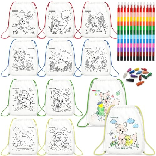 HahaMagic 12 PCS zaini da colorare con 12 pastelli a cera impilabili (12 colori in uno), adatto come regalini fine festa compleanno bambini invitati, sacchetti e gadget compleanno bambini