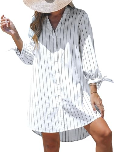 CUPSHE Mini Summer Dress Beach Dresses Cover Up Top, White Pinstriped XL