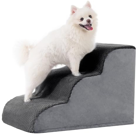 MIHIKK Dog Stairs Ramp, Curved 3-Step Dog Steps for Small Dogs and Cats, Pet Stairs for High Beds and Couch with Anti-Slip Washable Cover and Durable High Density Foam, Dark Grey