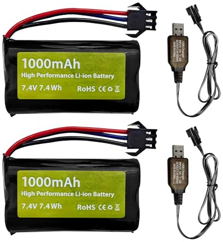 2PCS 7.4V 1000mAh 2S Li-ion Akku mit SM-3P Stecker und USB Ladekabel für DE82 TK3086B G20601 RC Fernbedienung Auto, TK-3082B Stunt Flip Auto, C60 LKW