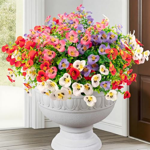 WOHSEROM UV Resistant Artificial Pansy Flowers, 12 Bundles Outdoor Fake Silk Pansies Flowers with Eucalyptus Leaves for Garden,Window Box,Planter,Wedding(Sunset Red, Plum Red, White, Purple)