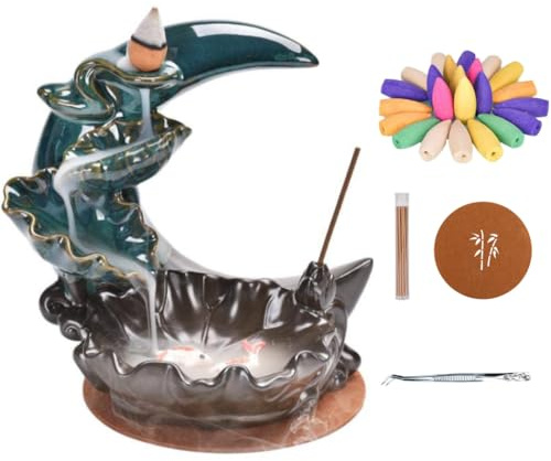 Ant Warrior Quemador de Incienso Cascada, Porta-Incienso Cascada de cerámica con 100 Conos + 30 Varillas, Waterfall Backflow Incense Burner Holder para decoración del hogar (Verde)