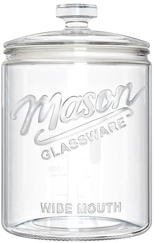 1 Gallon Glass Cookie Jar with Airtight Lid, Large Wide Mouth Mason Jar for Flour Sugar Container, Kitchen Canister for Candy, Coffee, Dog Treat Storage, Terrarium, Apothecary, Laundry Room, BPA Free