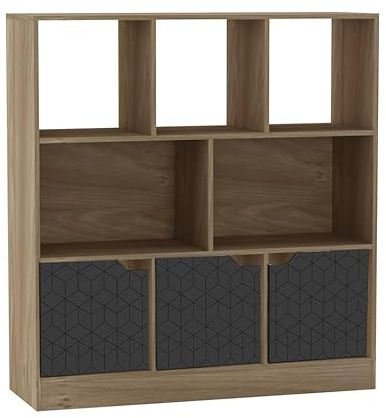 URBNLIVING Estantería asimétrica de roble de 8 cubos, armario de almacenamiento independiente con 3 puertas, puertas de diseño geográfico, color negro