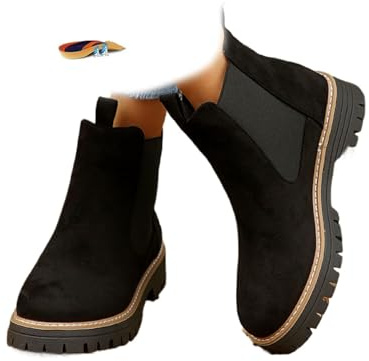 POIOZXD Bottines orthopédiques confortables pour femme - Couleur unie - Antidérapantes - Bout rond - En daim - Talon épais - Bottines Chelsea, Noir , 36 EU