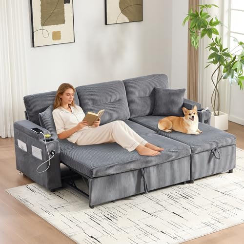 Divano angolare moderno a L,Include portabicchieri e porta USB,Divano modulare a 3 posti,Con chaise longue,Divano letto multifunzionale,Con spazio di archiviazione,Grigio antracite,Velluto a Coste