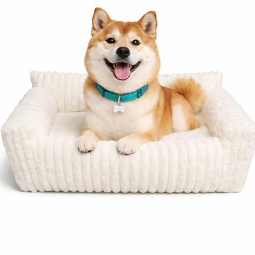 R PETS Luxury Dog & Cat Sofa Bed 86cm – Raised Sides Plush Pet Couch Bed, Thick Cushioned Comfort, Non-Slip Base, Washable Indoor Pet Bed for Small & Medium Dogs, Cream 86 x 61 x 25cm