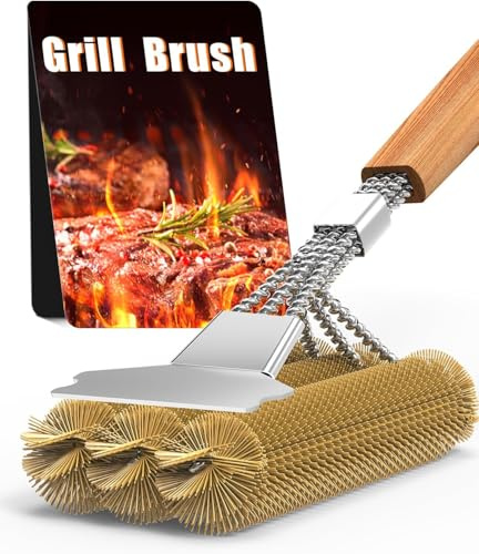 Spazzola per barbecue in ottone, spazzola per la pulizia della griglia, raschietto in acciaio inox, setole spesse in acciaio inox, manico in legno extra lungo da 39 cm, per barbecue a gas, griglia a