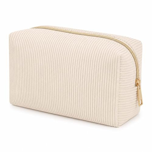 Corduroy Makeup Bag with Gold Metal Zipper & Textured Ribbed Exterior - Cosmetic Pouch for Women Travel Skincare Organisation Essentials, Compact Box Design (Beige)