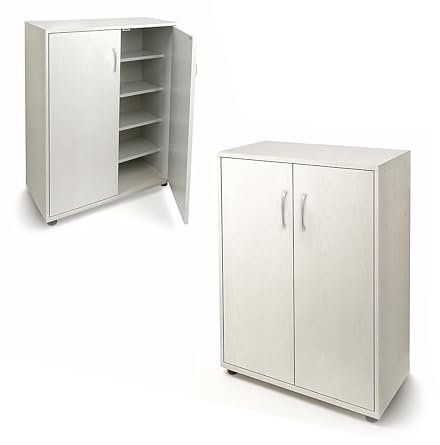 MA MAISON Mobile Scarpiera in Legno 4 Ripiani 60X30X83.5CM - Salvaspazio, Multiuso, 2 Ante, con Maniglie, Compatta, Versatile, d'Arredo, Camera da Letto, Ingresso, Organizer - Effetto Venato (Bianco)