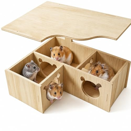 XIAOjnHONG Wooden Hamster House, Hideout with Lid Multi Chamber Cage Hide Corner Floor Nesting Habitat for Gerbils Chinchilla Guinea Pig Platform Hide Syrian Dwarf Hamsters Mice Small Pets