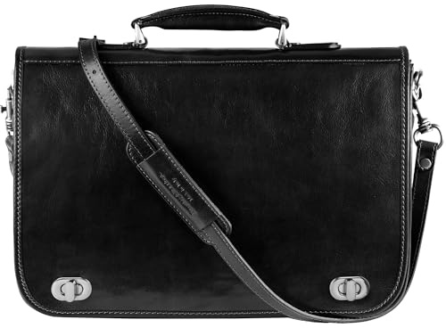 Time Resistance Leder Aktentasche Handgefertigte Umhängetasche Laptop Tasche für bis zu 15 Zoll Laptop Dokumententasche A4 in Schwarz