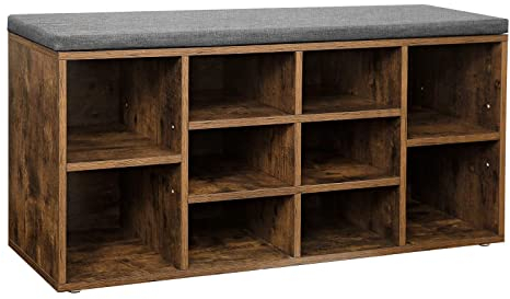 VASAGLE Shoe Bench, Shoe Rack, Storage Unit, 10 Compartments, with Cushion, for Entrance, 30 x 104 x 48 cm, Rustic Brown and Grey LHS10XB