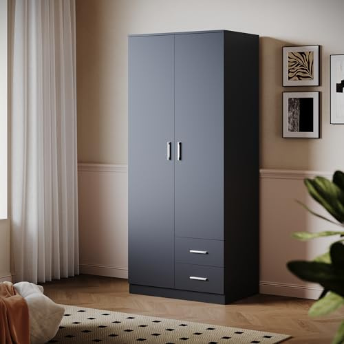 ELEGANT 2 Door Wardrobe with Multi-Storage Units, Black Wooden 2 Drawers Wardrobe with Hanging Rail for Home Bedroom Furniture