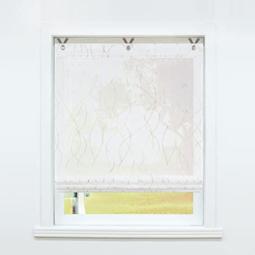 SCHOAL Raffrollo ohne Bohren Raffgardinen mit Ösen Gardinen Küche Ösenrollo Vorhänge Transparent Modern Wellen Muster BxH 60x130cm 1 Stück Muster #2 Gold