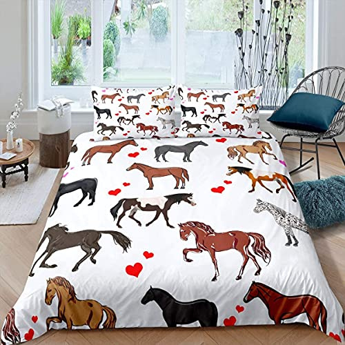 Linge de lit mignon cheval pour enfants filles poneys coeur parure de lit animaux de la ferme housse de couette 140 x 200 cm faune cheval floue literie et linge de maison avec 1 taie d'oreiller