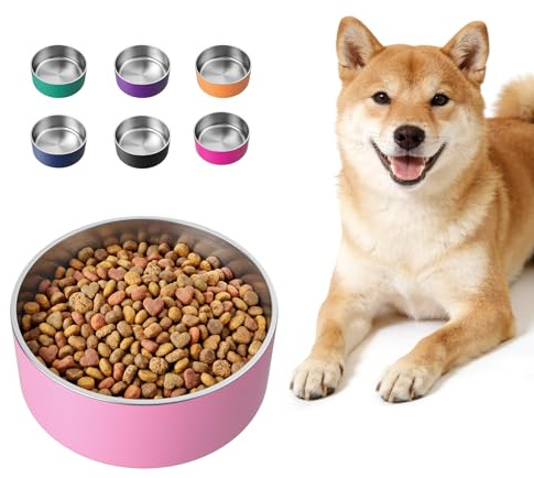 LIHONG Stainless Steel Dog Bowls for Large Dogs,Dog Food Water Bowls with Non Slip Rubber Bottom,Pet Feeding Bowl,Double Wall Insulated,Rustproof(64oz,Pink)