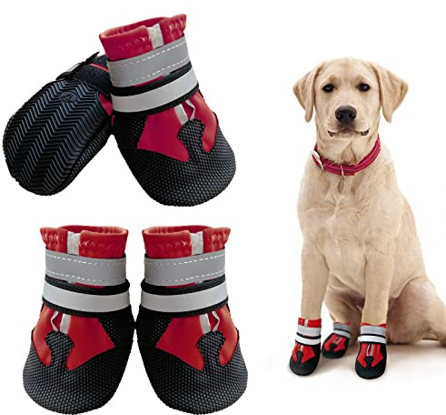 NeuWook Dog Shoes, Waterproof Dog Boots for Injured Paws, Set of 4 Non-Slip Dog Protective Boots Wear-Resistant Dog Shoes with Reflective Straps for Small Medium Large Dogs Outdoor (XXL, Red)