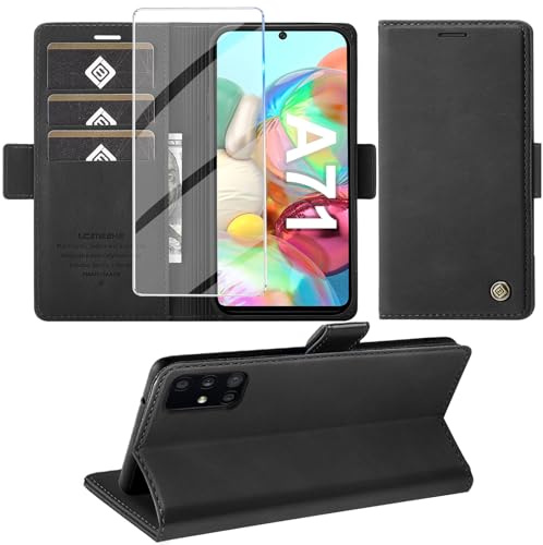 Giyer Handyhülle für Samsung Galaxy A71 Hülle mit Displayschutzfolie, Schutzhülle Galaxy A71 Universal-4G/5G Leder Wallet Flip Case Standfunktion Kartenfach Klapphülle für Samsung A71 Cover (Schwarz)