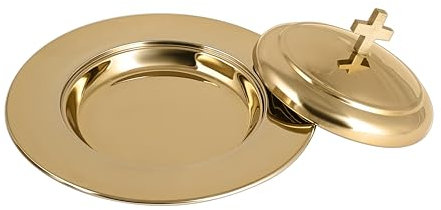 Mayur Exports Communion Ware Holy - Plato de pan apilable con tapa, acero inoxidable (espejo de latón)