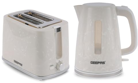 Geepas 1.7L 2200W Cordless Electric Kettle, 900W 2 Slice Bread Toaster Combo Set | 360° Rotational Base, Concealed Heating & Strix Control l 7 Level Browning Control, Crumb Tray | Premium Design White