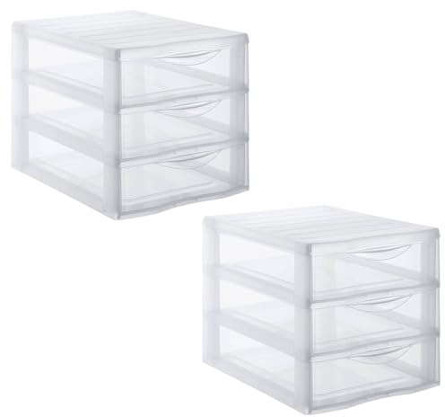SUNDIS Orgamix, set di 2 cassettiere plastica, 3 cassetti A4 trasparenti, altezza 25,5 cm, impilabile, ideale per l'archiviazione in ufficio, lezioni, documenti, materiale di consumo