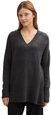TOM TAILOR Denim Damen Longstyle Strickpullover mit V-Ausschnitt, 10522 - Shale Grey Melange, L