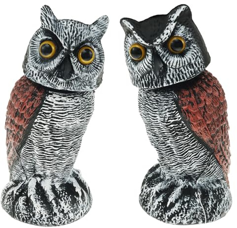 Confezione da 2 gufi finti attivati dal movimento, spaventapasseri con testa che scuote a 360°, gufo deterrente per uccelli realistici, statua di gufo per spaventare gli uccelli per esterni, giardino,