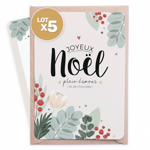 Manahia LOT de 5 cartes de Noël - Joyeux Noël plein d'amour et de chocolats - Livré avec 5 enveloppes kraft - Carte de voeux - Meilleurs voeux - Bonnes fêtes - Joyeux Noël - Carte de Noël