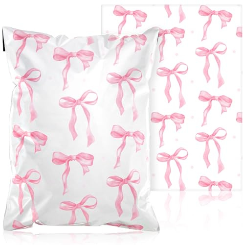Resurhang 200 Pcs Pink Coquette Bow Poly Mailer 10 x 13 inch Designer Shipping Mailers Heavy Duty Waterproof Self Adhesive Shipping Bags for Large Mailing Envelopes Bulk Tear Resistant Packaging