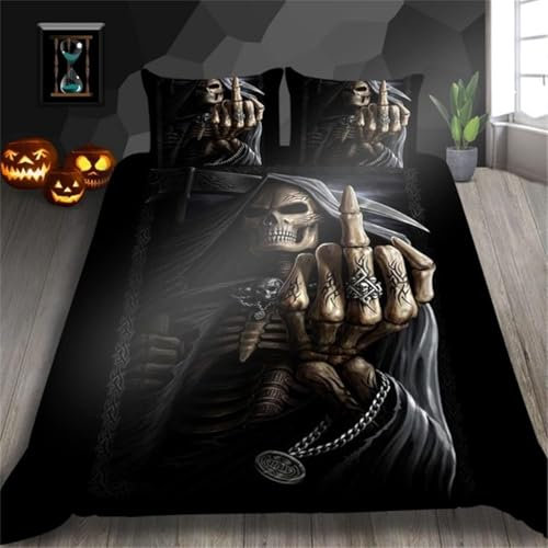 ZZTBQ Gothic Totenkopf Bettwäsche 200x200 3teilig Mittelfinger Schädel Muster 1 Bettbezug 200x200 cm + 2 Kissenbezüge 80X80 cm, Halloween Schwarz Grau Skelett Bettwäsche-Sets Polyester Mikrofaser