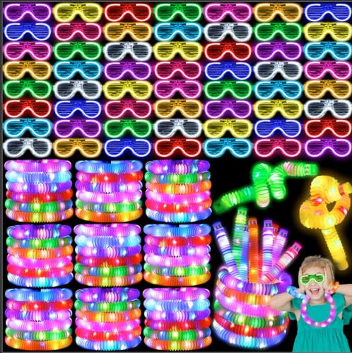 UZLU 44 piezas de suministros de fiesta que brillan en la oscuridad, 20 gafas de luz LED, 24 varillas luminosas, tubos de flash, gafas LED de neón, pulsera, collar, accesorios, bolsas de regalo para