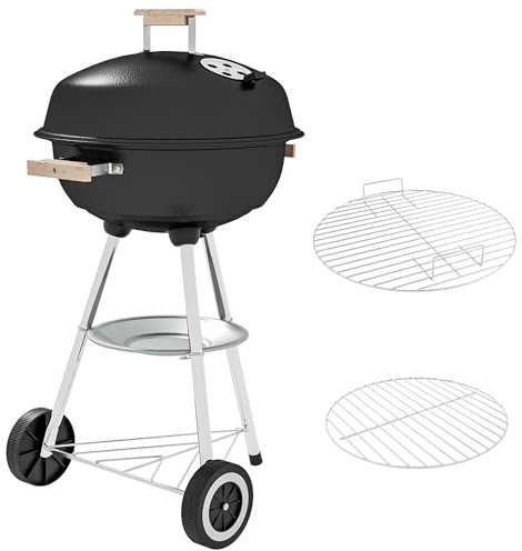 Outsunny Barbecue a Carbonella con Griglia in Metallo, Barbecue da Giardino con Coperchio, Prese d'Aria, Ruote, Raccogli Cenere, Ripiano e Maniglia in Legno, 48x56x94 cm, Nero