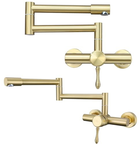 EUJOISE Grifo Cocina Extraible, Grifo de Fregadero Flegable en Pared, con Tubo Giratorio Plegado de 360°, Caliente y Frío, Pulverizadores Multifuncionales, Dorado