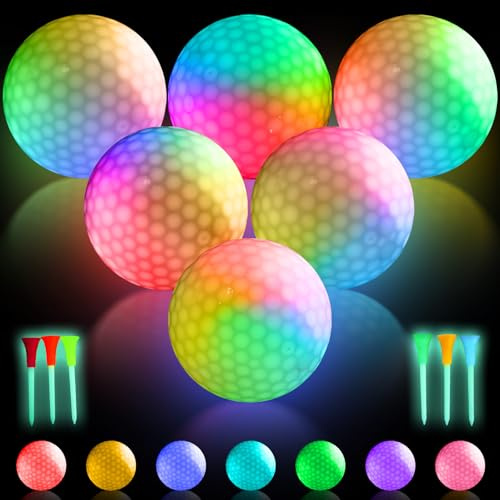 Palline da golf a LED, luminose, con 7 colori, 6 palline da golf di notte, con tè, luci a LED, per allenamento notturno e tiro a lungo raggio