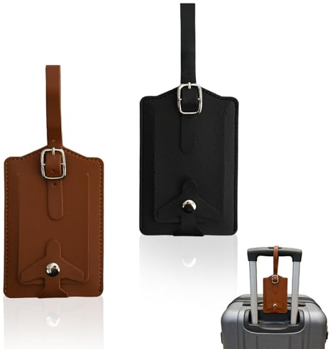 Etichetta per Valigie Aereo, Etichetta Valigia Aereo in Pelle PU, Etichette Valigie da Viaggio con Cinturino Regolabile, Targhetta Bagaglio Accessori Viaggio (2, Nero, Marrone)