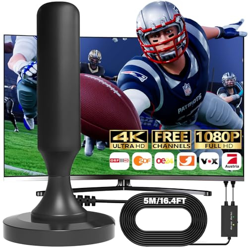 DVBT2 Antenna con amplificatore interno DVBT-T2, antenna HDTV, ricezione max 360°, massima qualità del segnale, supporta antenna TNT 4K HD, TV Aerial (nero)