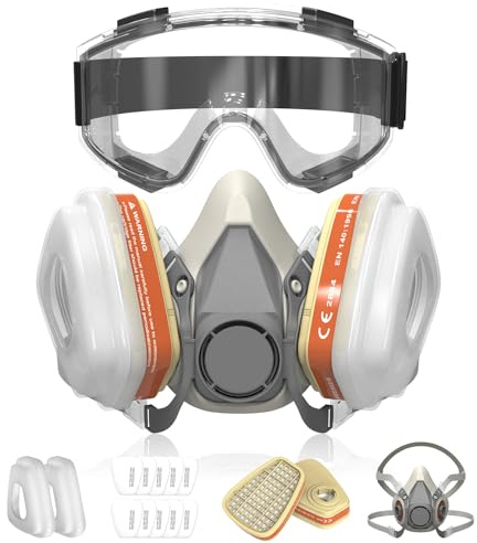 SURFOU Mascarilla A1P2 Antipolvo, Media Máscara Reutilizable con 2 Cartuchos Filtro + 10 Prefiltros + Gafas de Protección, para Pintura, Esmaltado, Pulido y Resina Epoxi