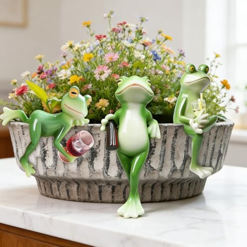 Demlaka Set di 3 statuette decorative da giardino a forma di rana, graziose statuette da giardino, con rane, per esterni, in resina, per balcone, soggiorno, ufficio
