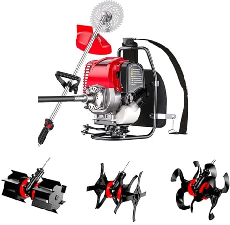 Attrezzo Giardino Completo A Zaino A Benzina: Decespugliatore 4 Tempi, Tagliabordi E Motozappa, 35.8CC Potenza Della Benzina 1.4HP Per Diserbo, Zappatura, Raccolta E Bonifica