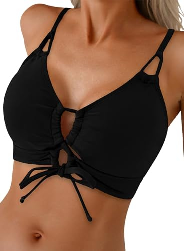 Herseas Womens Black Bikini Top Sexy Drawstring Push Up Full Coverage Bathing Suit Tops Tunnelled Cutout Teen Girls Chic Swim Suits Tops Only 2026 Resort Wear Medium